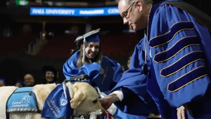 Cane e padrona alla consegna dei diplomi di laurea